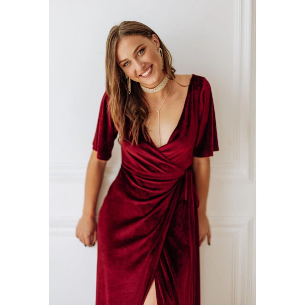 New Burgundy Flutter Sleeve Velvet Wrap Gown Size XXL Maxi Dress Wedding Evening